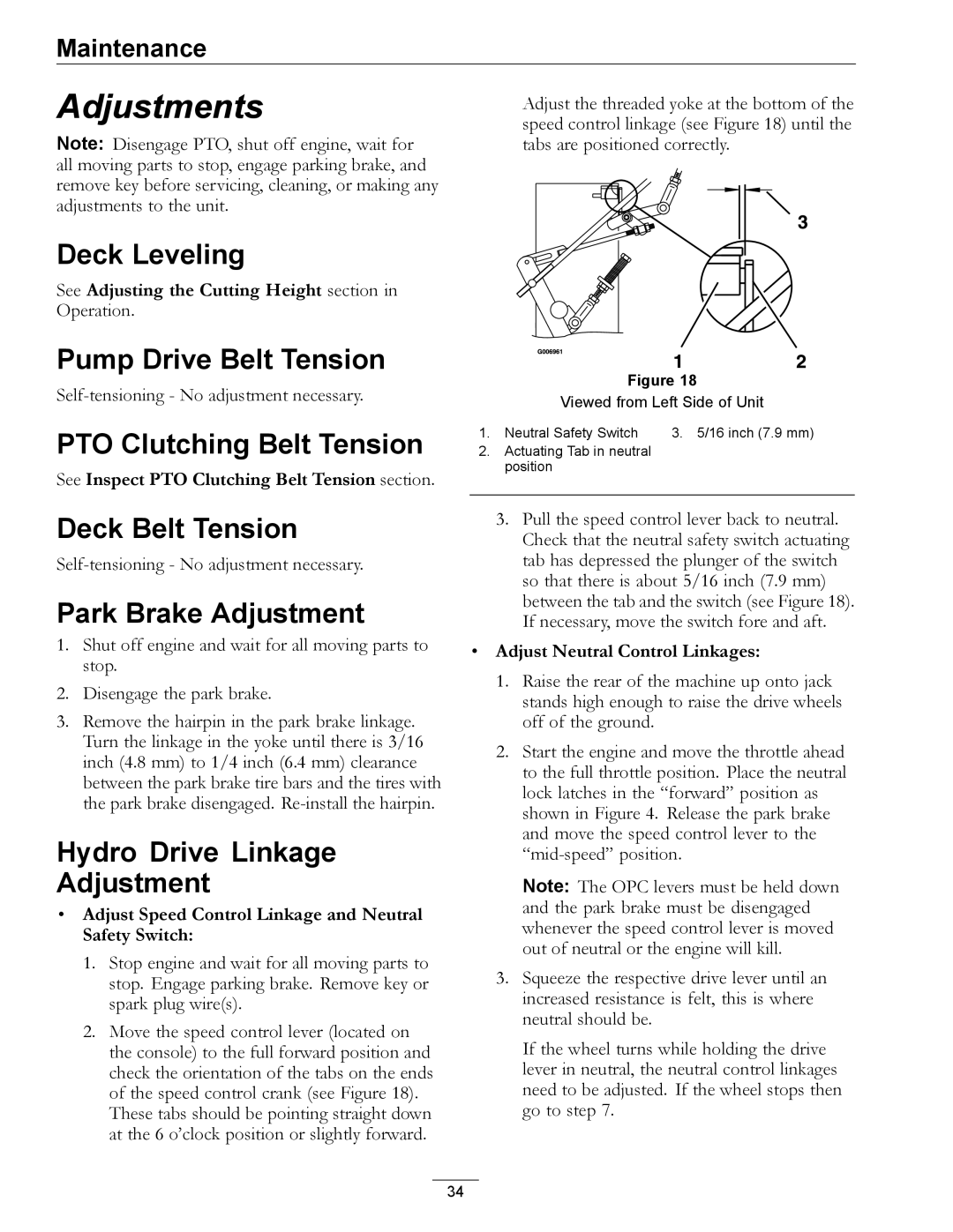 Exmark TTS16KA483CA, TTS16KA363CA Deck Leveling, Pump Drive Belt Tension, PTO Clutching Belt Tension, Deck Belt Tension 