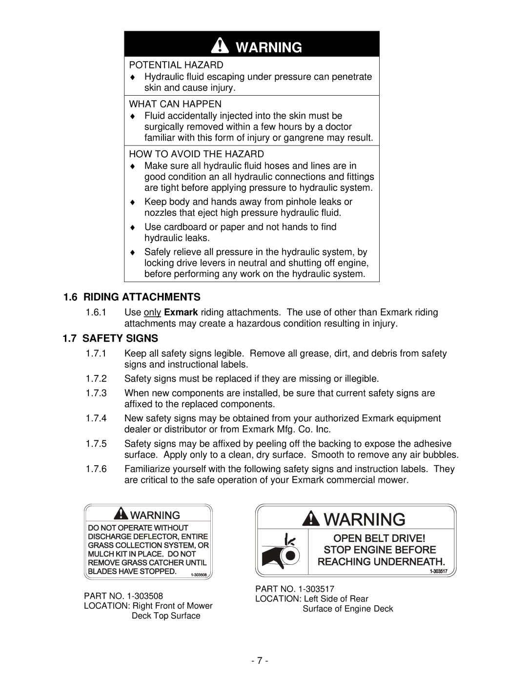 Exmark Turf Tracer HP manual Riding Attachments, Safety Signs 