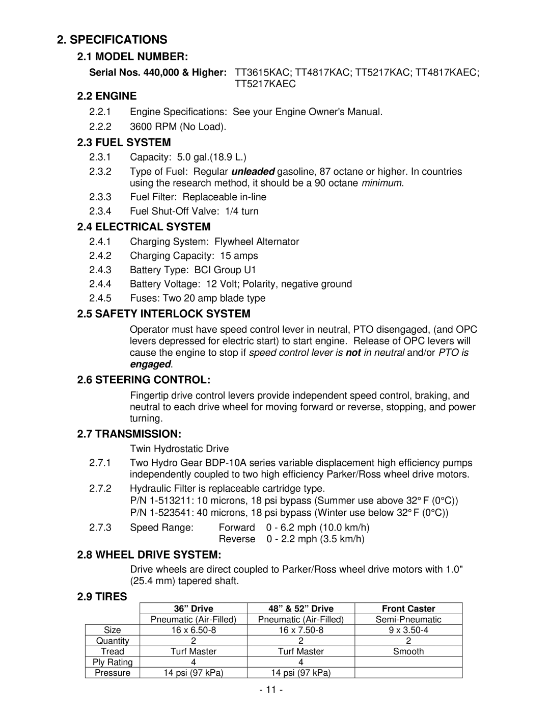 Exmark Turf Tracer HP manual Specifications 