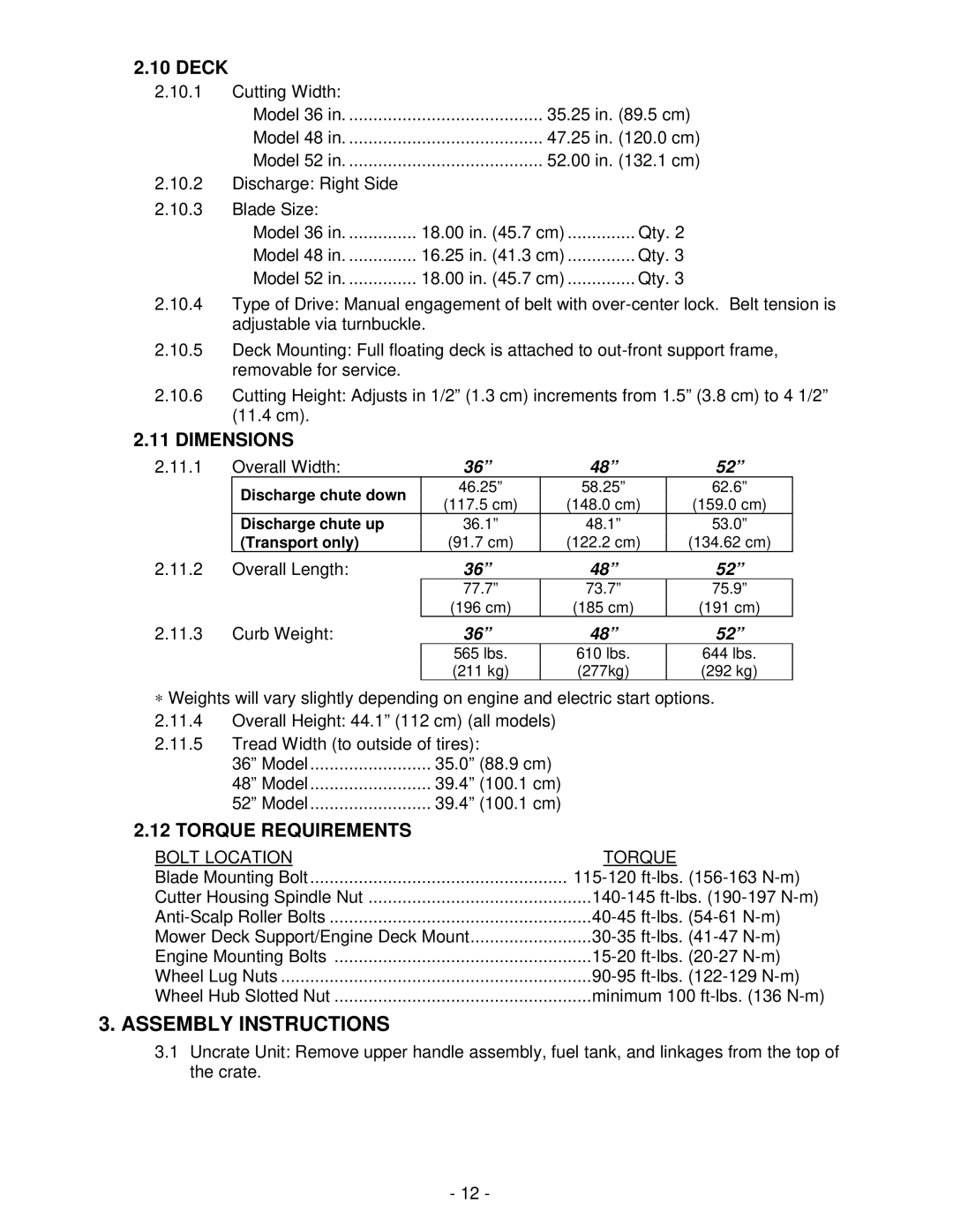 Exmark Turf Tracer HP manual Assembly Instructions, Dimensions, Torque Requirements 