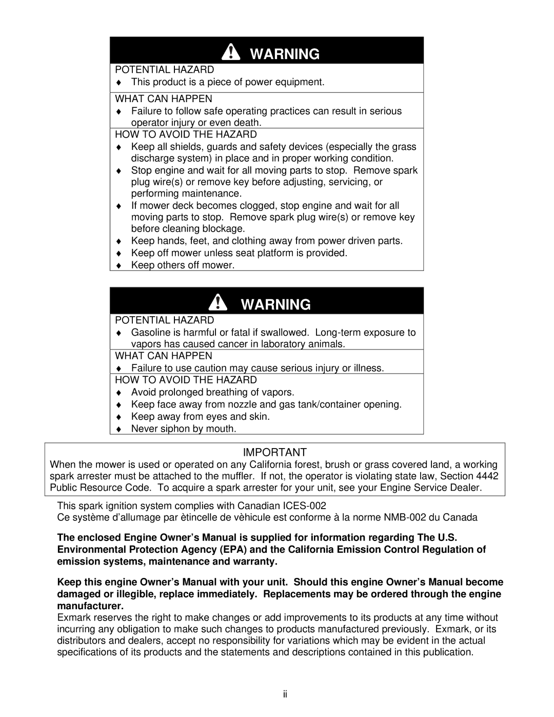 Exmark Turf Tracer HP manual Potential Hazard 