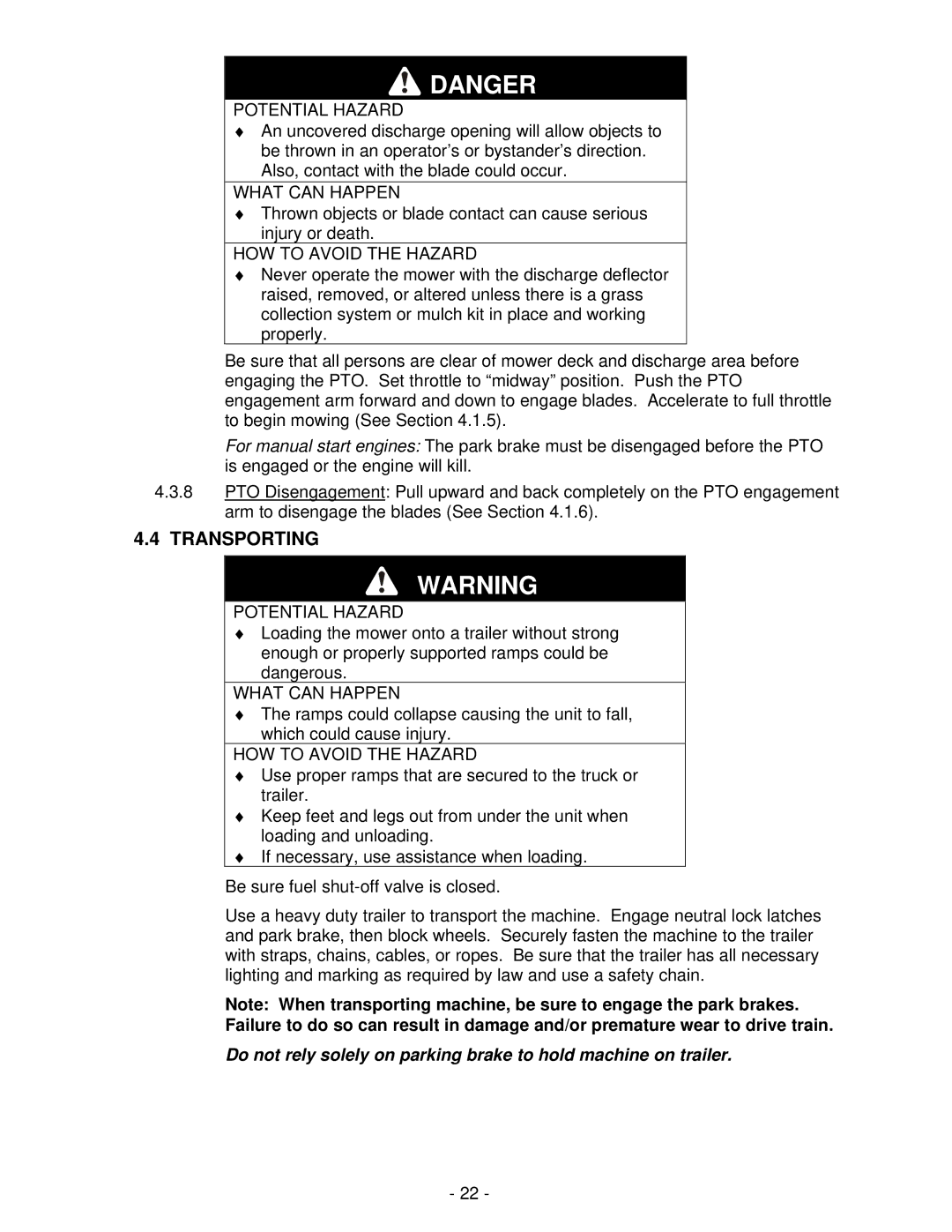 Exmark Turf Tracer HP manual Transporting 