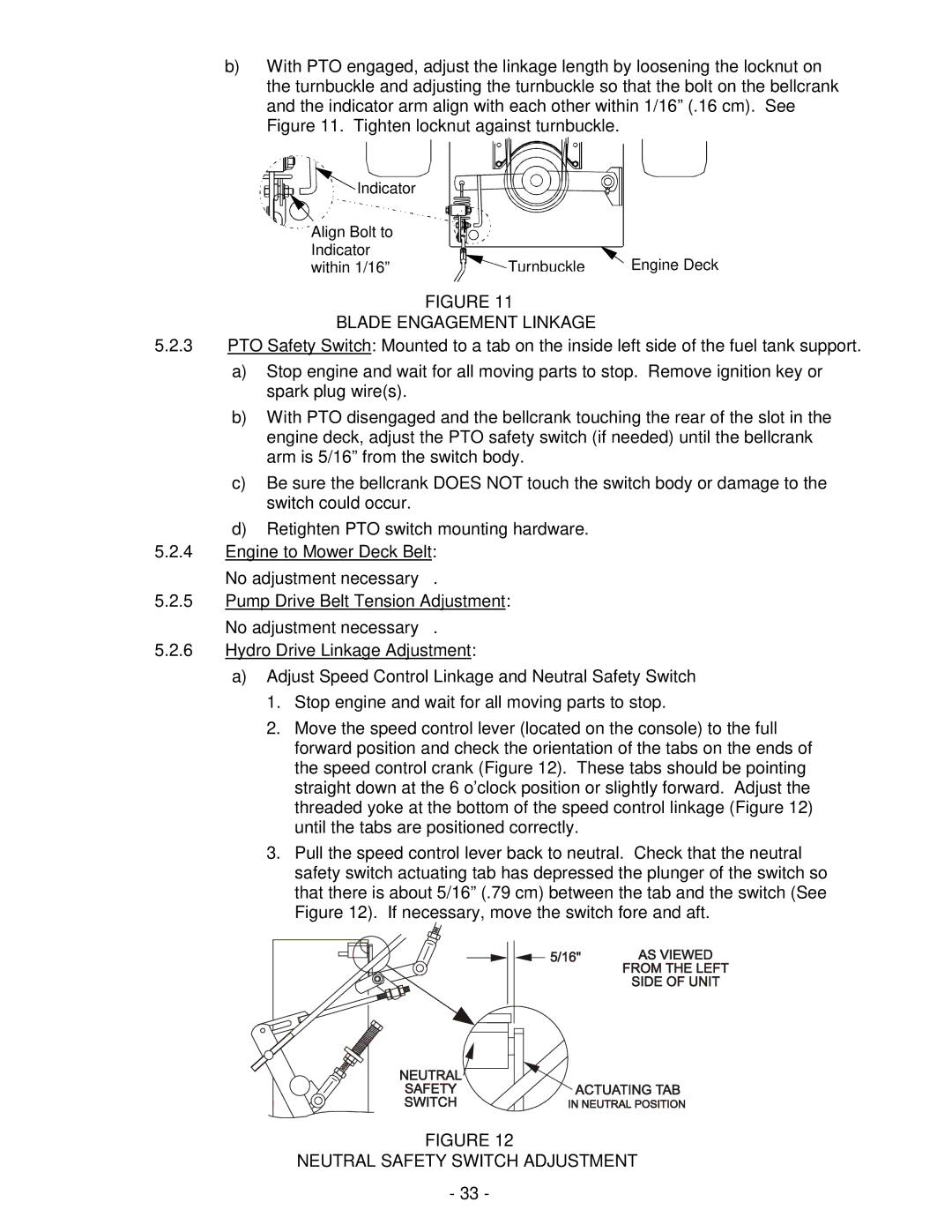 Exmark Turf Tracer HP manual Blade Engagement Linkage, Neutral Safety Switch Adjustment 