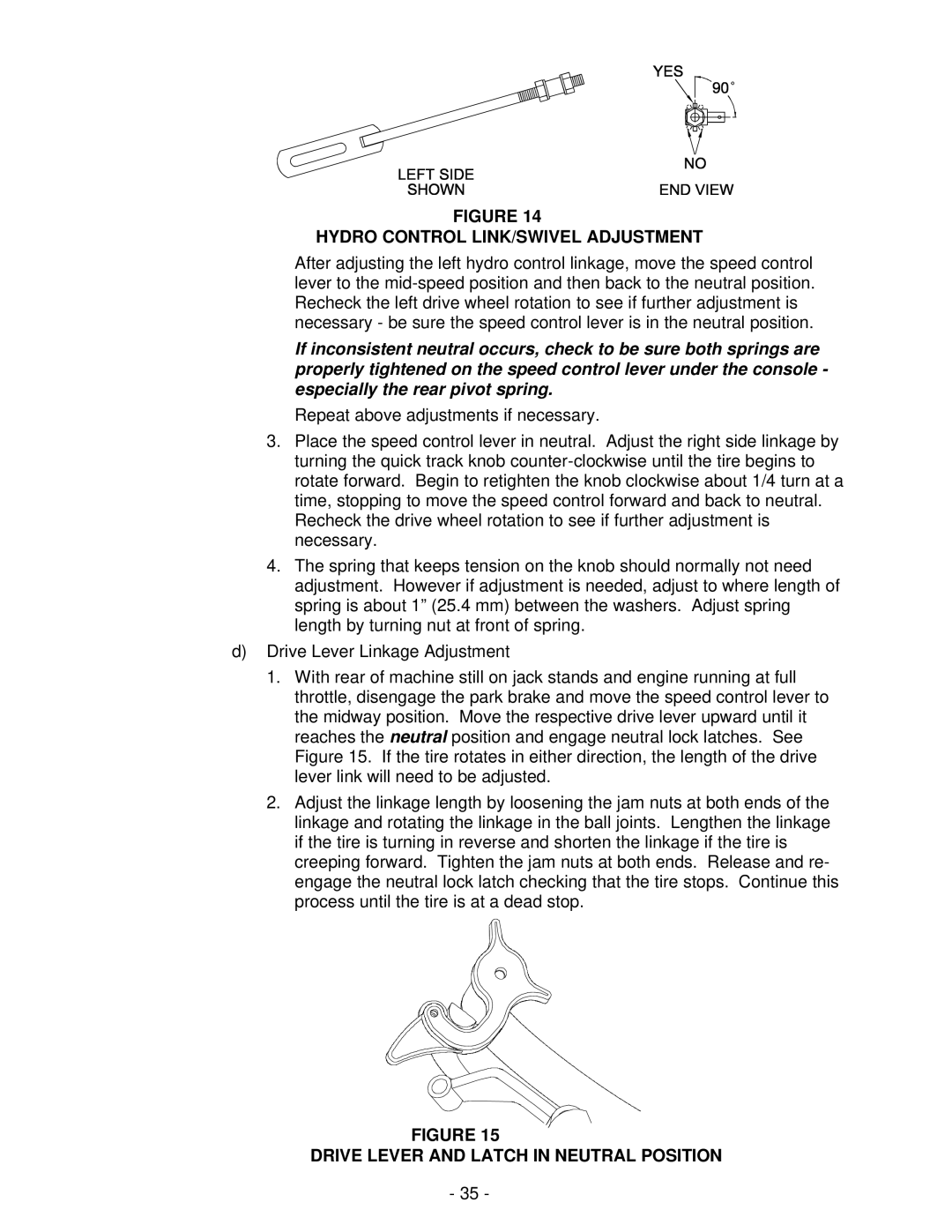 Exmark Turf Tracer HP manual Hydro Control LINK/SWIVEL Adjustment, Drive Lever and Latch in Neutral Position 
