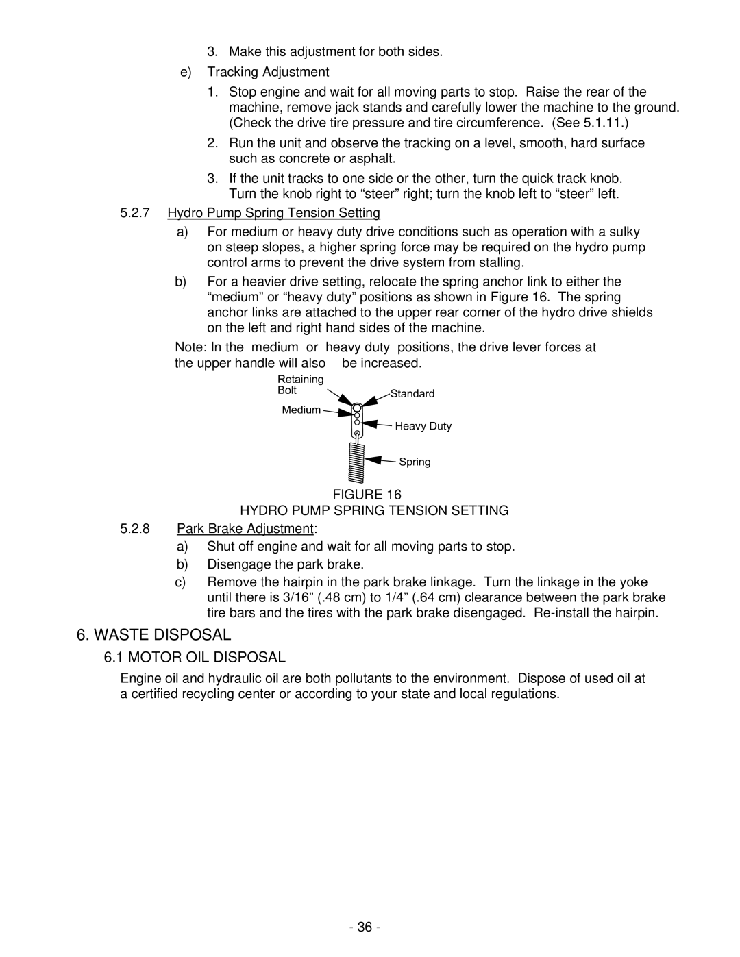 Exmark Turf Tracer HP manual Waste Disposal, Motor OIL Disposal, Hydro Pump Spring Tension Setting 