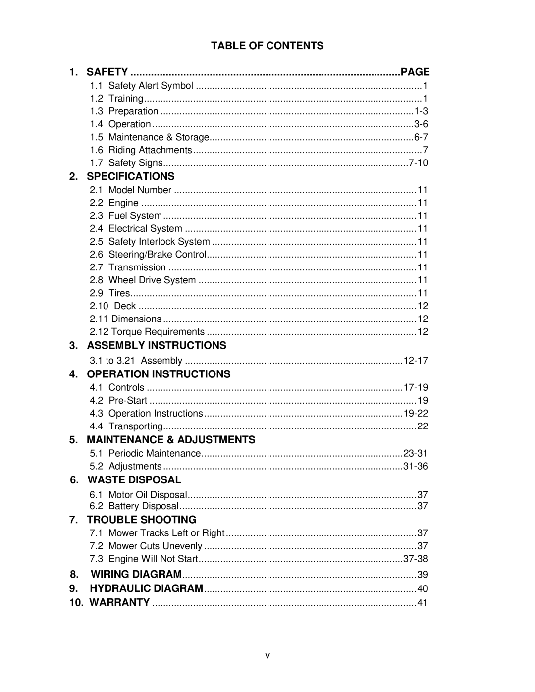 Exmark Turf Tracer HP manual Table of Contents Safety, Specifications, Assembly Instructions, Operation Instructions 