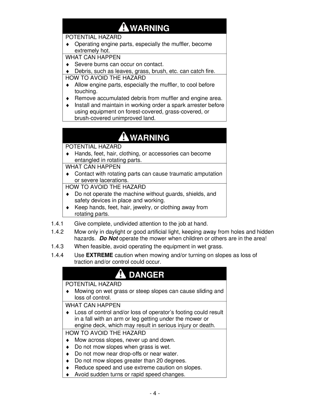 Exmark Turf Tracer HP manual Potential Hazard 