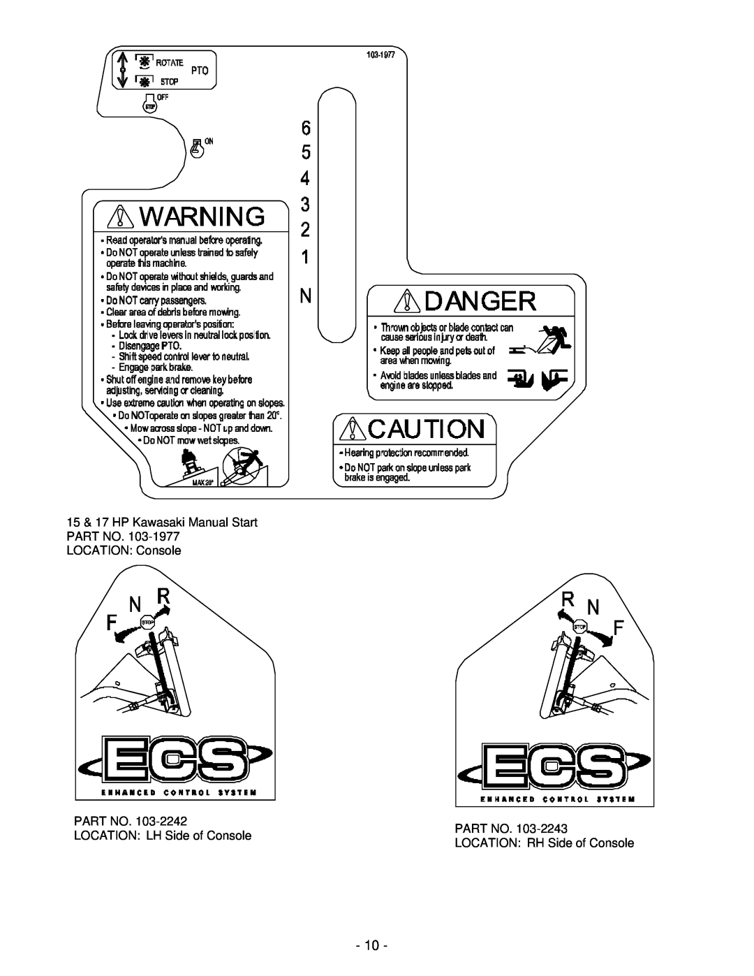 Exmark Turf Tracer HP manual 15 & 17 HP Kawasaki Manual Start, LOCATION Console 