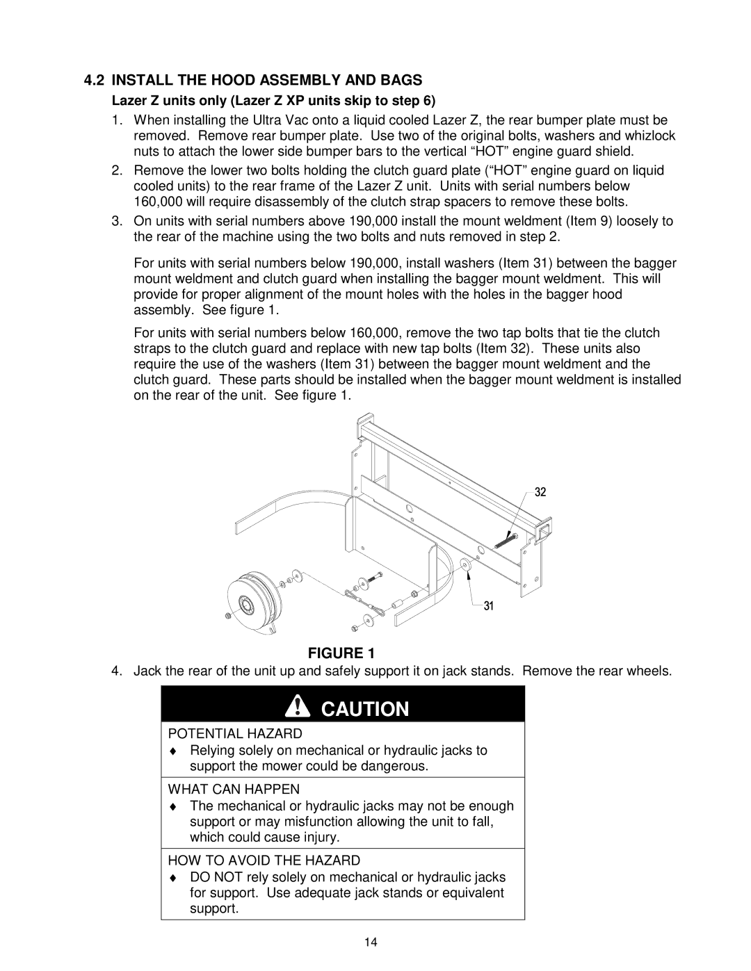 Exmark Ultra Vac manual Install the Hood Assembly and Bags, Lazer Z units only Lazer Z XP units skip to step 