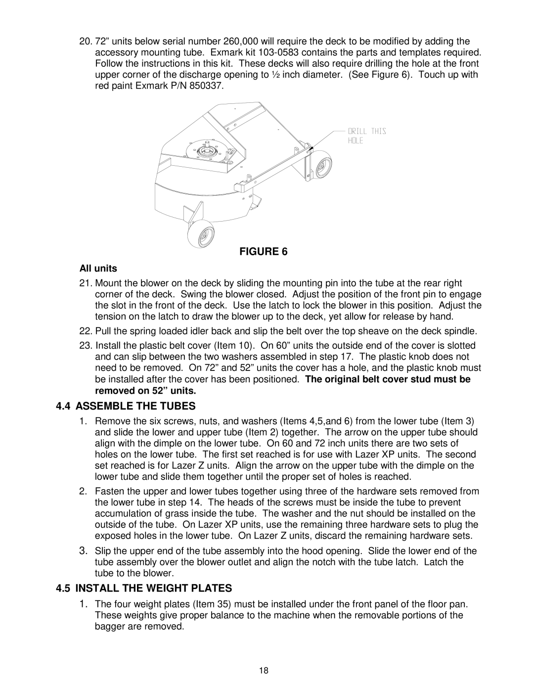 Exmark Ultra Vac manual Assemble the Tubes, Install the Weight Plates 