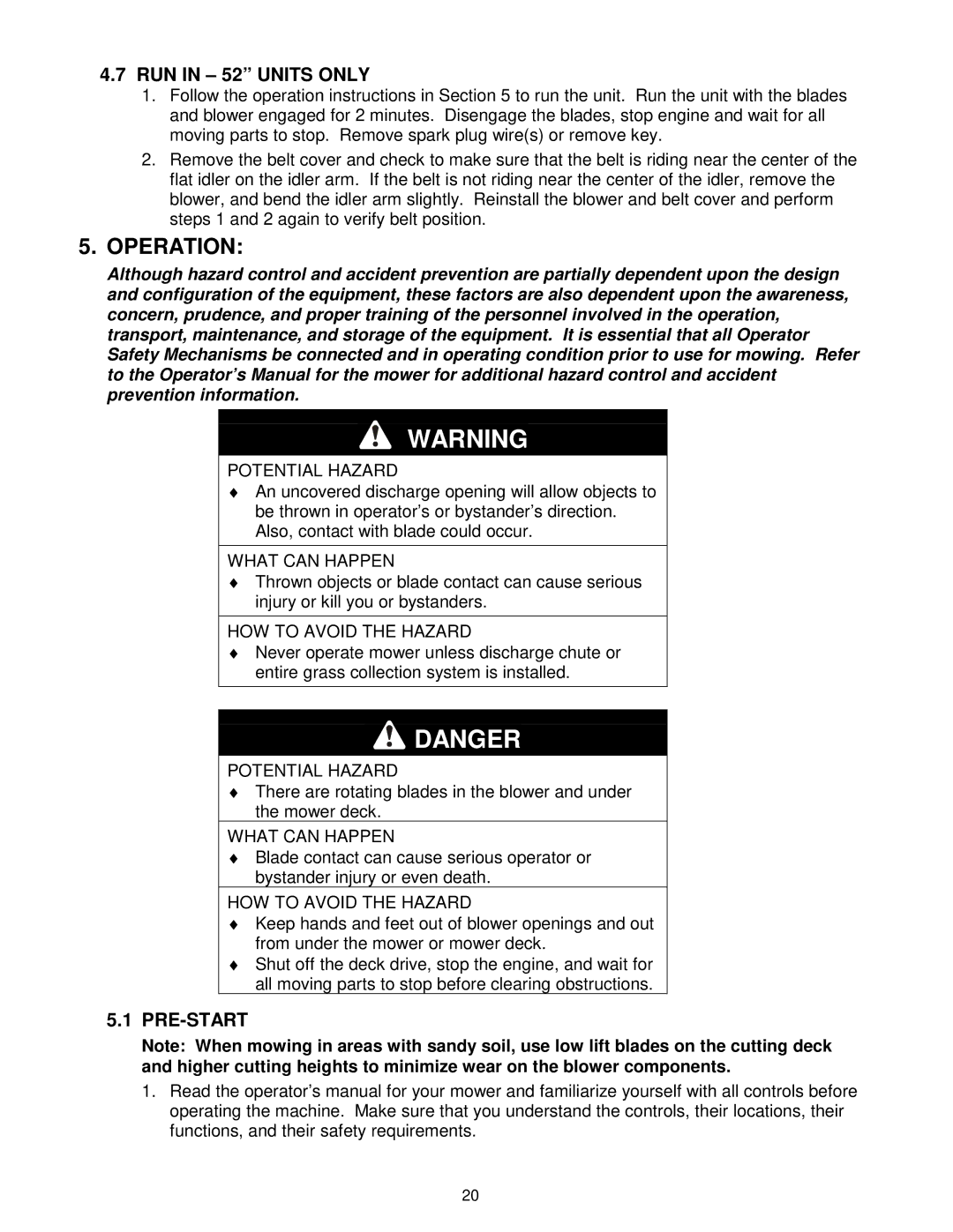 Exmark Ultra Vac manual Operation, RUN in 52 Units only, Pre-Start 