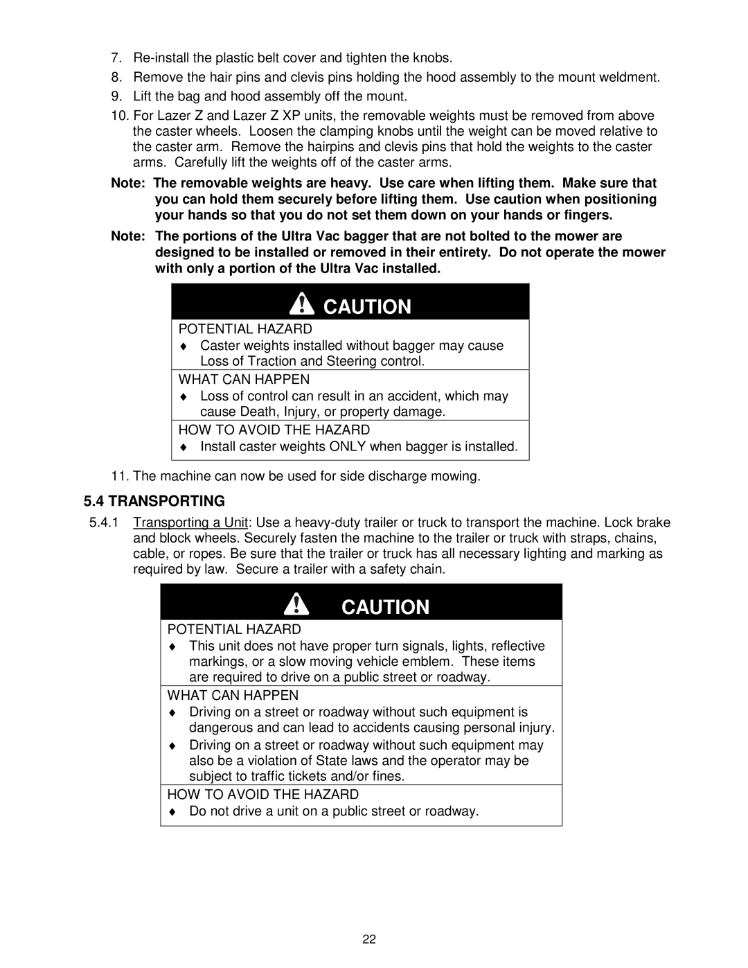 Exmark Ultra Vac manual Transporting 