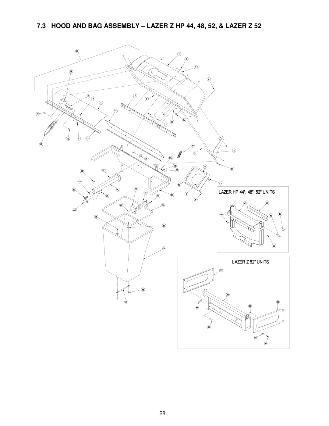 Exmark Ultra Vac manual Hood and BAG Assembly Lazer Z HP 44, 48, 52, & Lazer Z 
