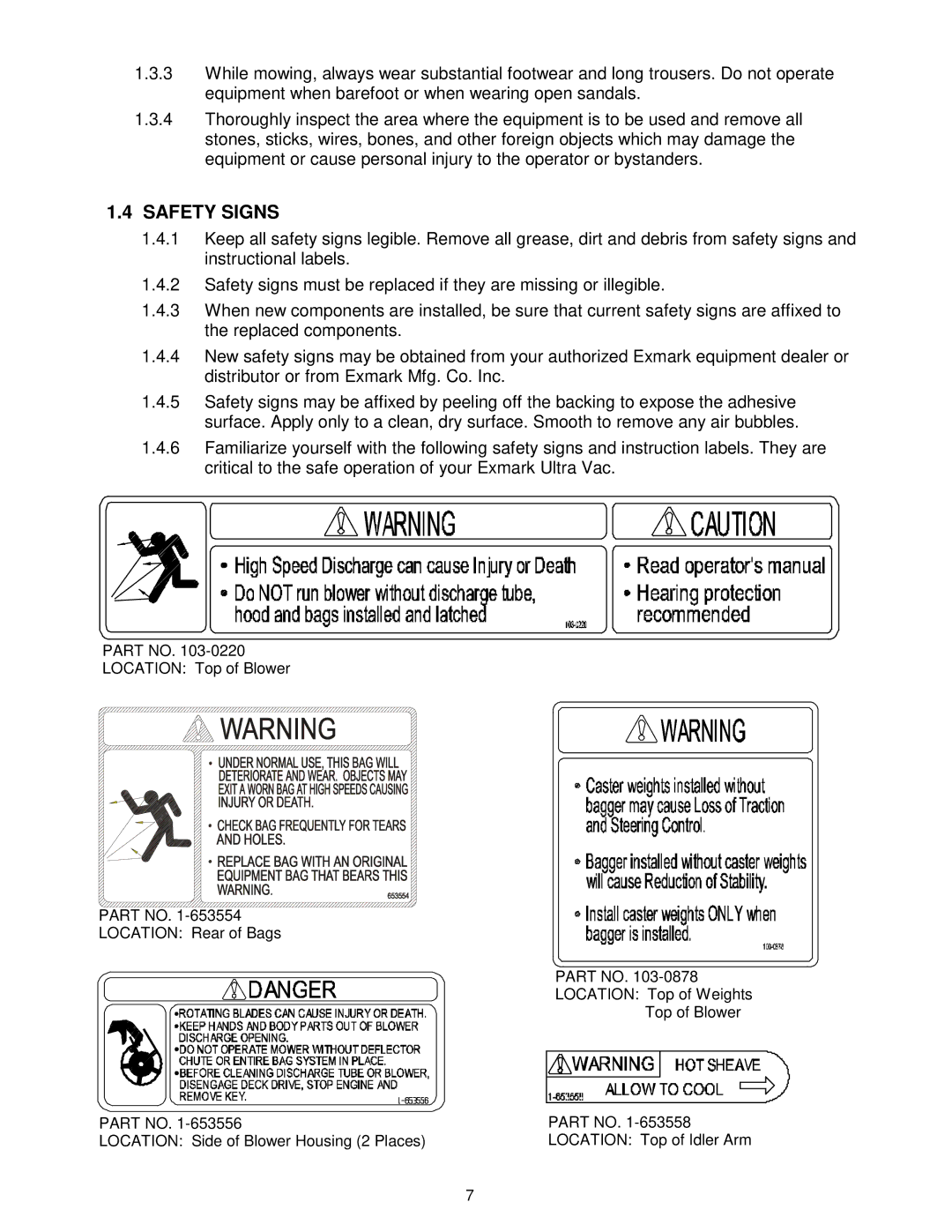 Exmark Ultra Vac manual Safety Signs 