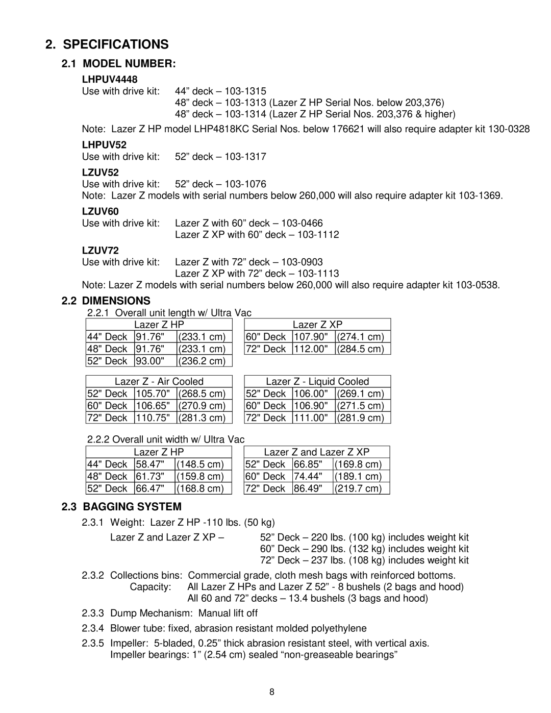 Exmark Ultra Vac manual Specifications, Model Number, Dimensions, Bagging System 