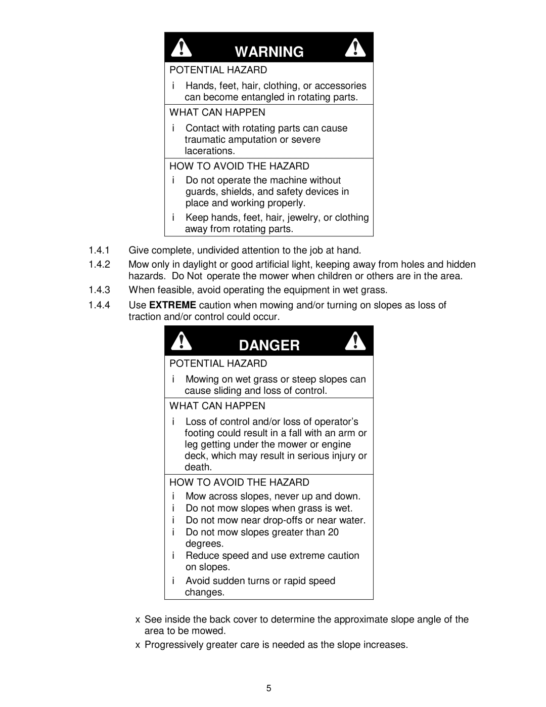 Exmark VH15KA483, VH15KA362 manual Potential Hazard 