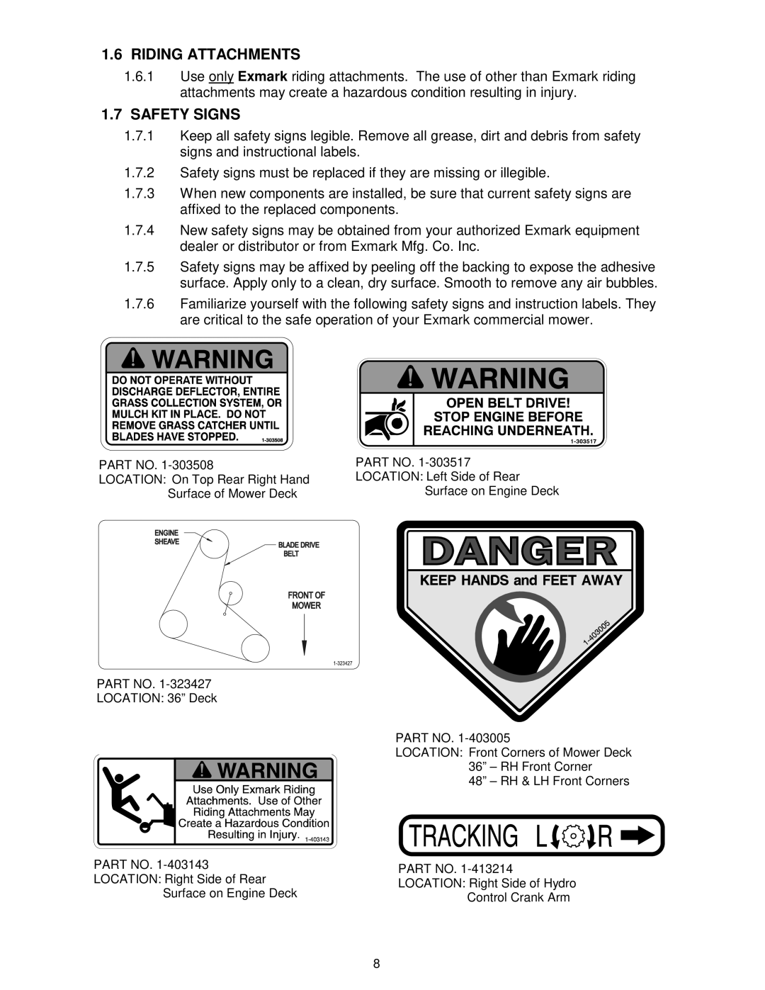 Exmark VH15KA362, VH15KA483 manual Riding Attachments, Safety Signs 