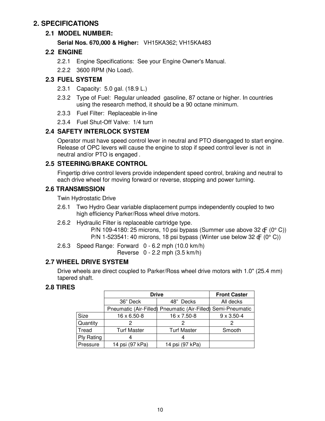 Exmark VH15KA362, VH15KA483 manual Specifications 