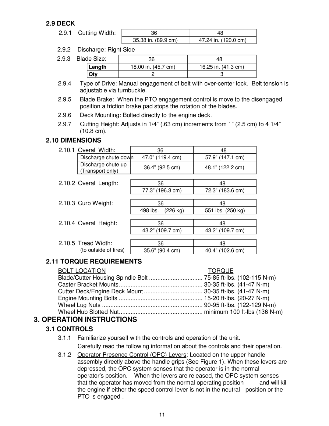 Exmark VH15KA483, VH15KA362 manual Operation Instructions, Dimensions, Torque Requirements, Controls 