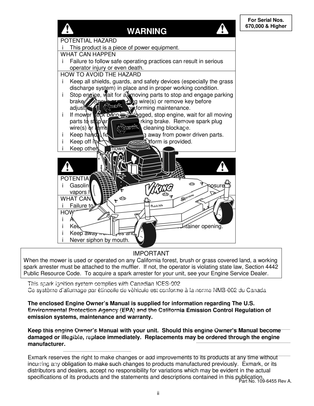 Exmark VH15KA483, VH15KA362 manual Potential Hazard 