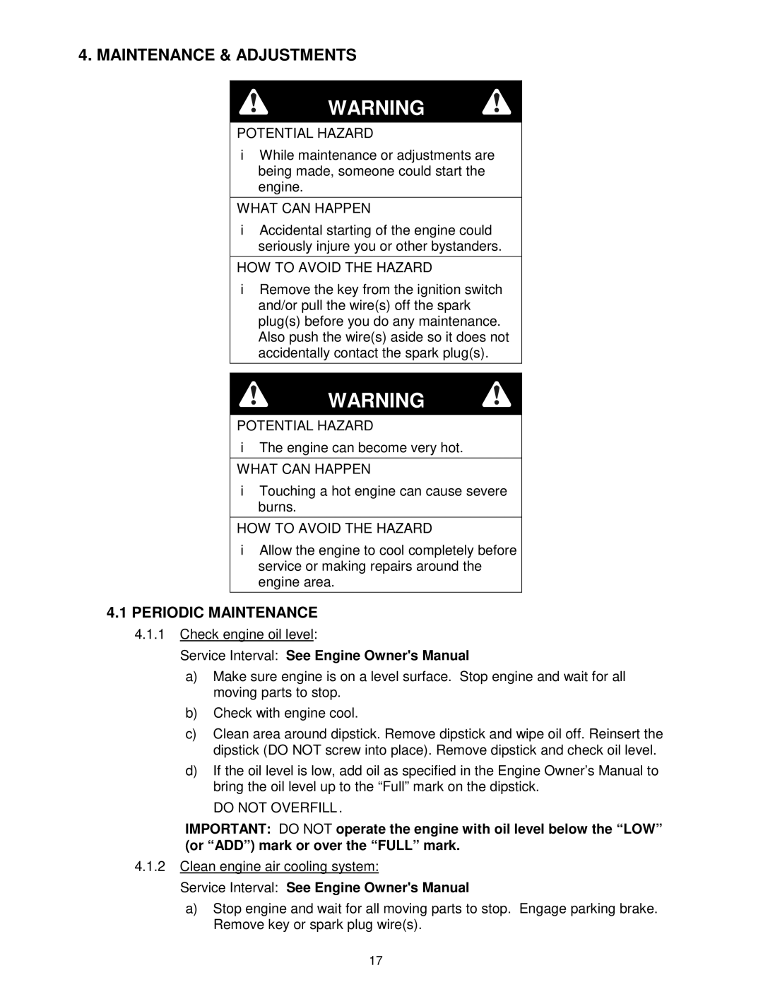 Exmark VH15KA483, VH15KA362 manual Maintenance & Adjustments, Periodic Maintenance 