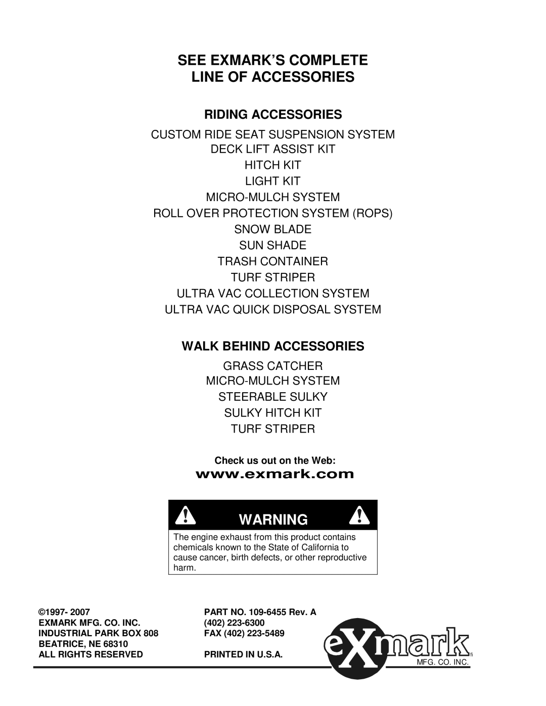 Exmark VH15KA483, VH15KA362 manual See EXMARK’S Complete Line of Accessories 