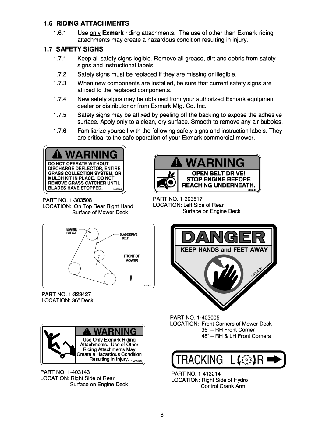 Exmark VH15KA362, VH15KA483 manual Riding Attachments, Safety Signs 