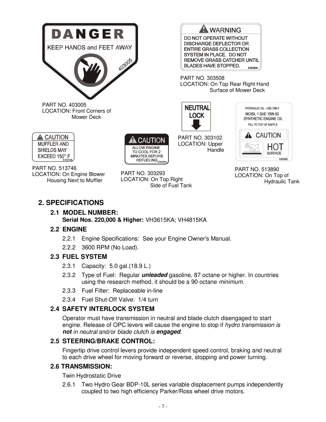 Exmark VH3615KA, Vh3615ka, Vh4815ka manual Specifications 