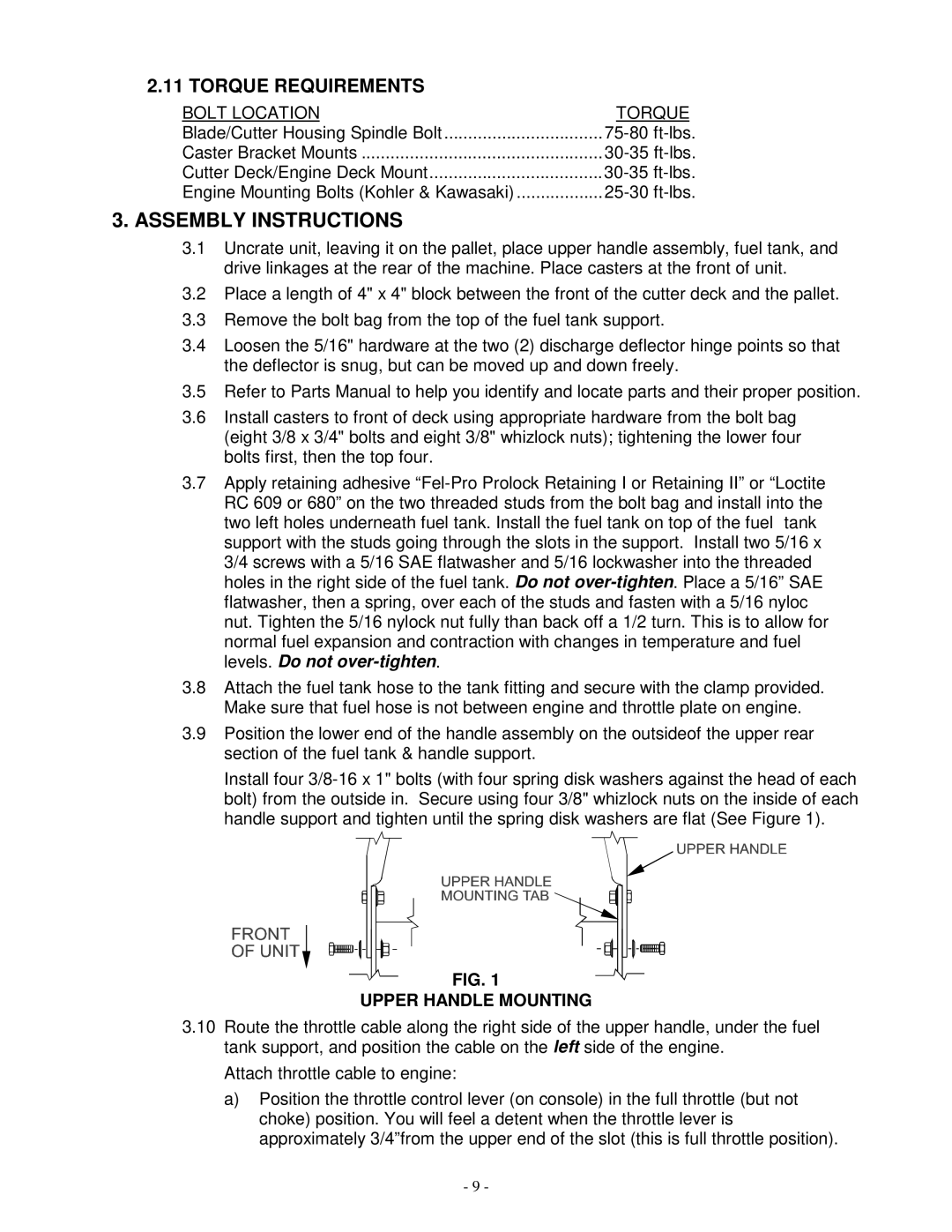 Exmark VH3615KA, Vh3615ka, Vh4815ka manual Assembly Instructions, Torque Requirements, Upper Handle Mounting 