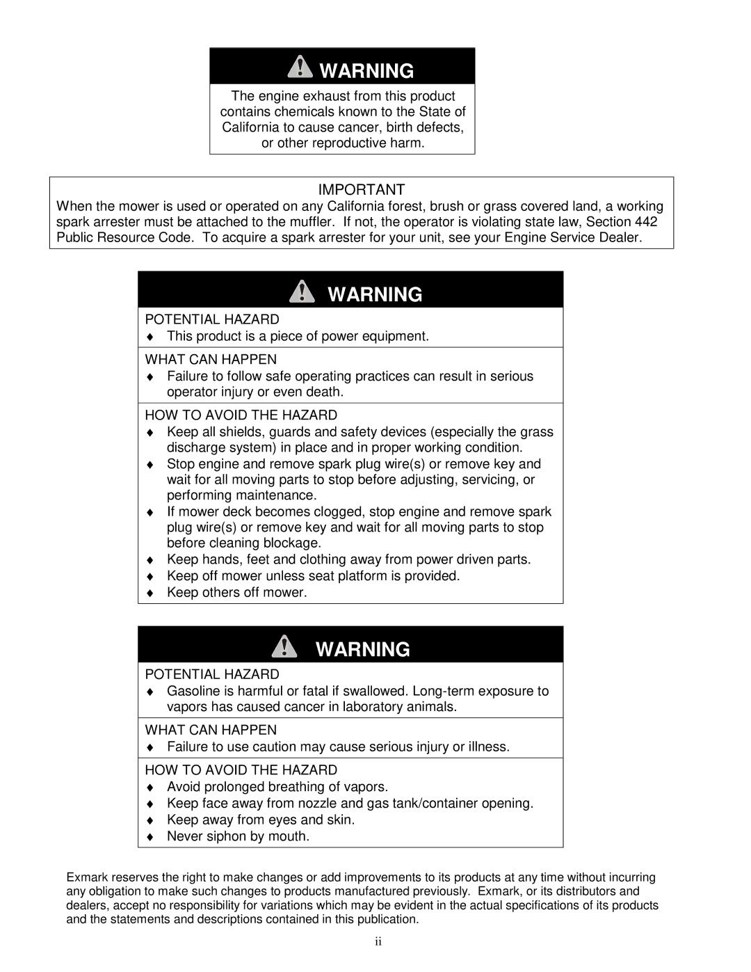 Exmark VH3615KA, Vh3615ka, Vh4815ka manual Potential Hazard 