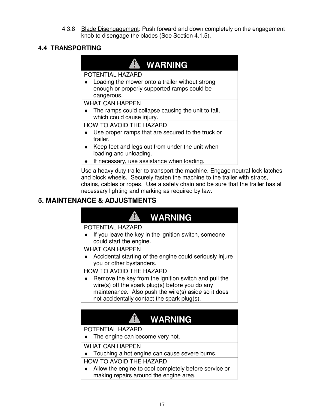 Exmark VH3615KA, Vh3615ka, Vh4815ka manual Maintenance & Adjustments, Transporting 