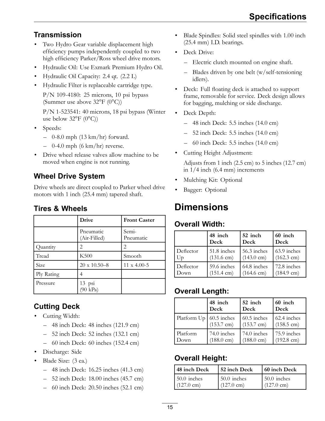 Exmark VT691KA484CA, VT691KA524CA, VT651KA484, VT730EKC524 manual Dimensions 