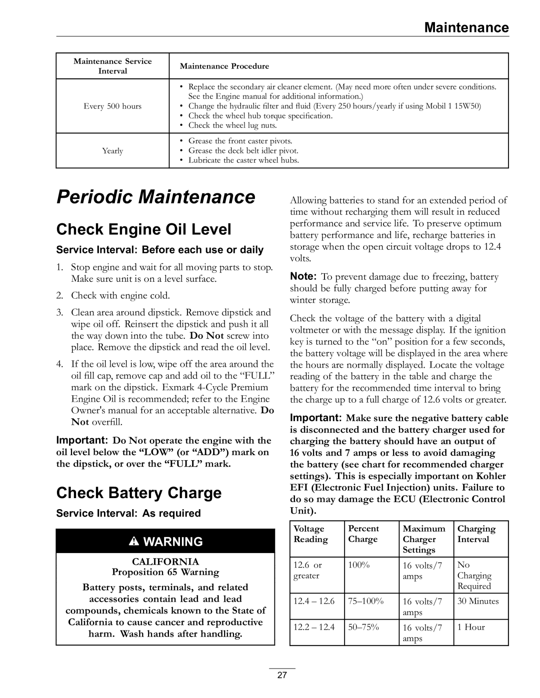 Exmark VT691KA484CA, VT691KA524CA, VT651KA484, VT730EKC524 manual Check Engine Oil Level, Check Battery Charge 