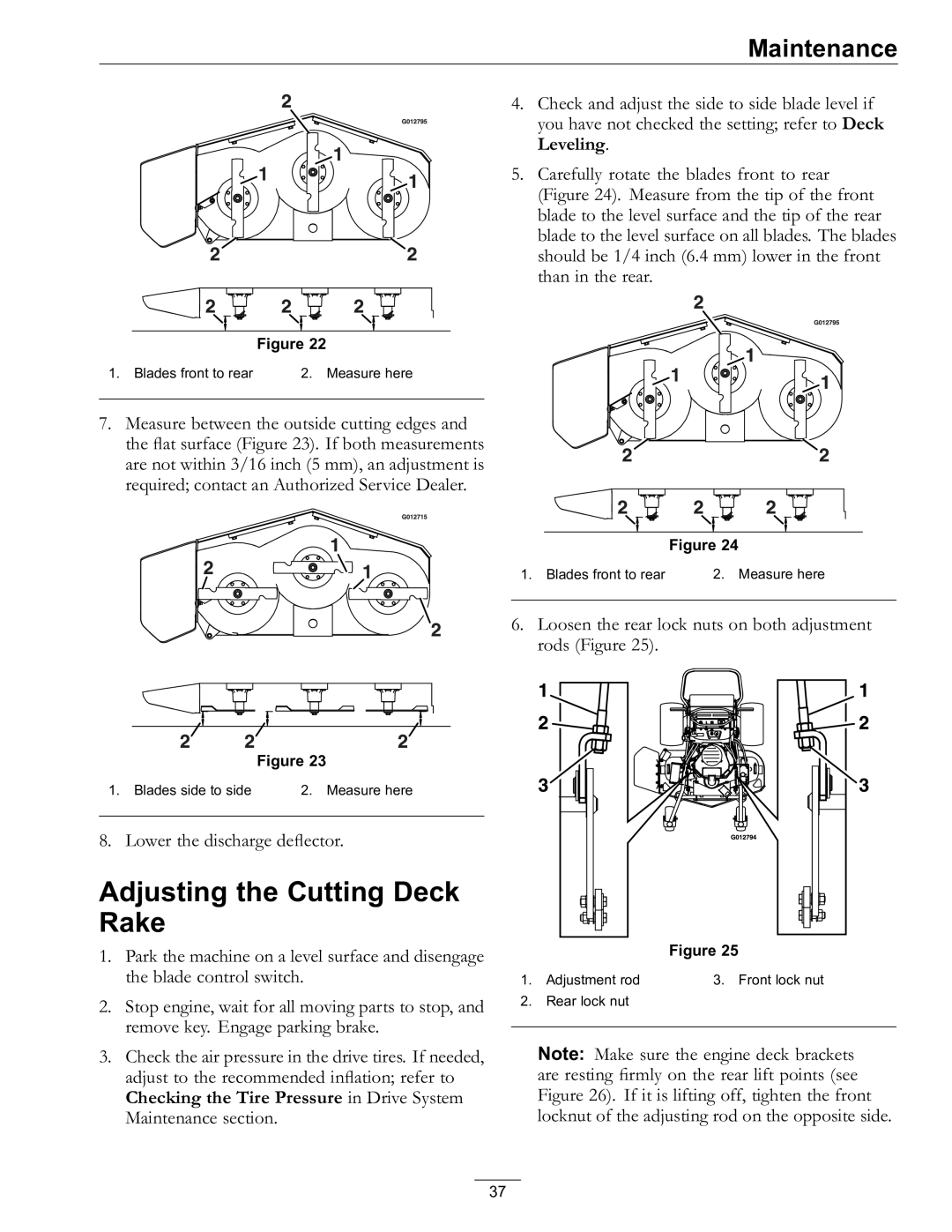 Exmark VT691KA484CA, VT691KA524CA, VT651KA484, VT730EKC524 manual Adjusting the Cutting Deck Rake 