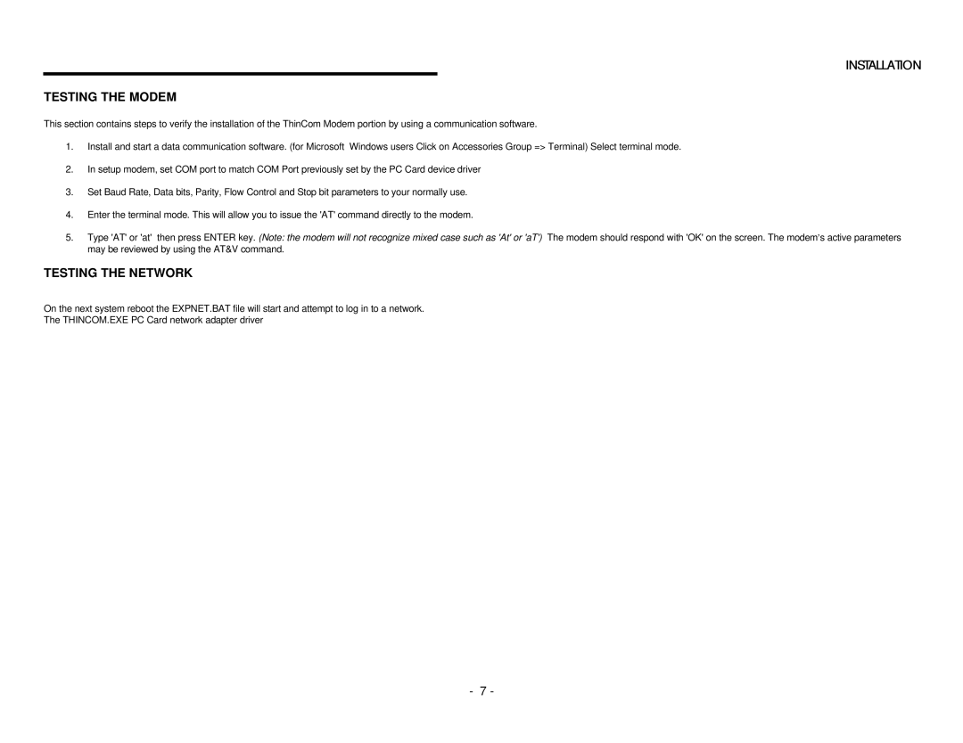 EXP Computer PCMCIA Ethernet Modem Adapter user manual Installation Testing the Modem, Testing the Network 