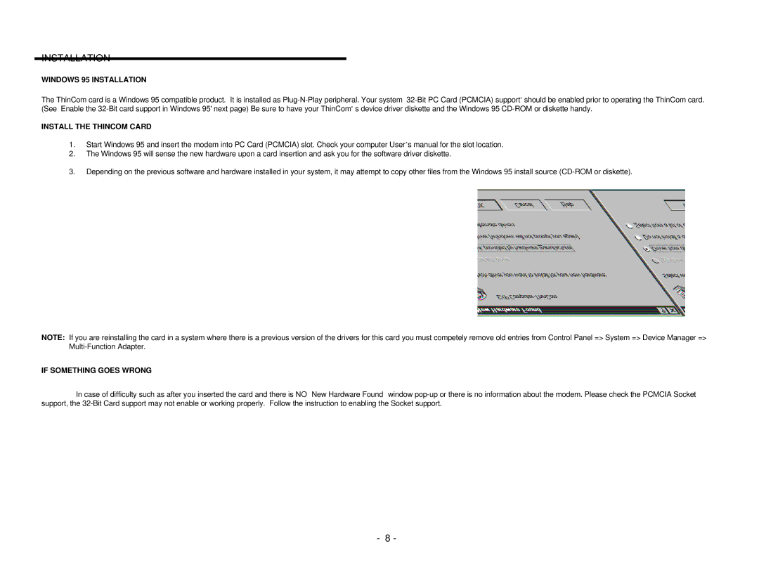 EXP Computer PCMCIA Ethernet Modem Adapter Windows 95 Installation, Install the Thincom Card, If Something Goes Wrong 