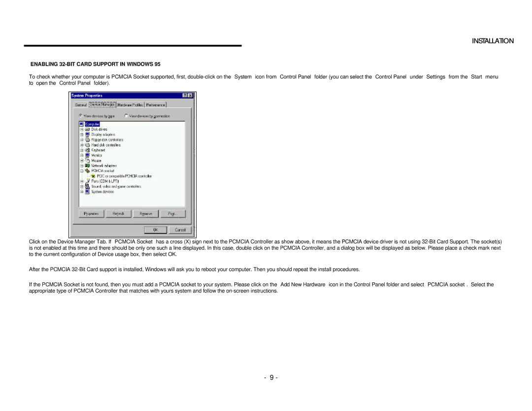 EXP Computer PCMCIA Ethernet Modem Adapter user manual Installation, Enabling 32-BIT Card Support in Windows 