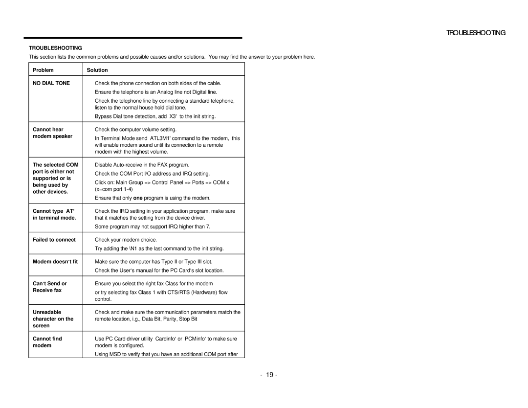 EXP Computer PCMCIA Ethernet Modem Adapter user manual Troubleshooting, No Dial Tone 