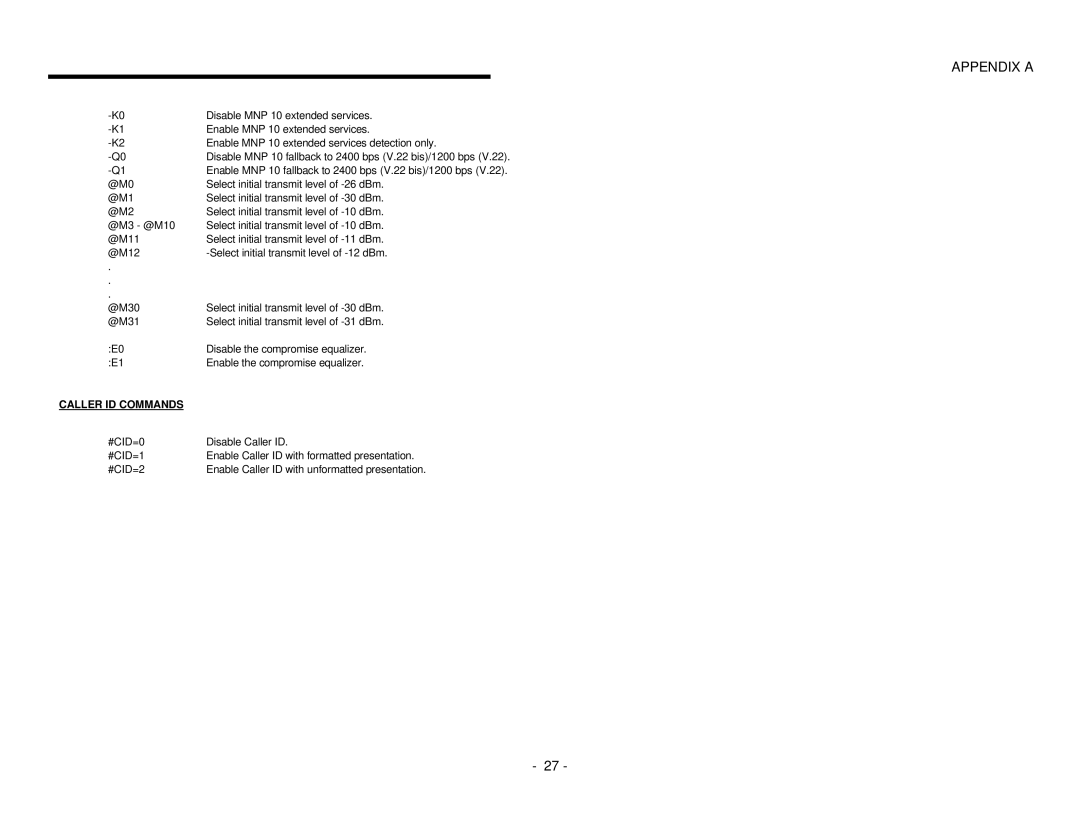 EXP Computer PCMCIA Ethernet Modem Adapter user manual Enable MNP 10 extended services detection only, Caller ID Commands 