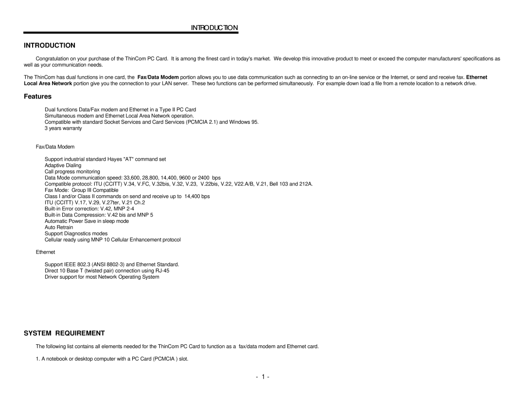 EXP Computer PCMCIA Ethernet Modem Adapter user manual Introduction, System Requirement 