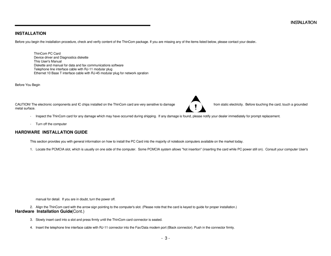 EXP Computer PCMCIA Ethernet Modem Adapter user manual Hardware Installation Guide 