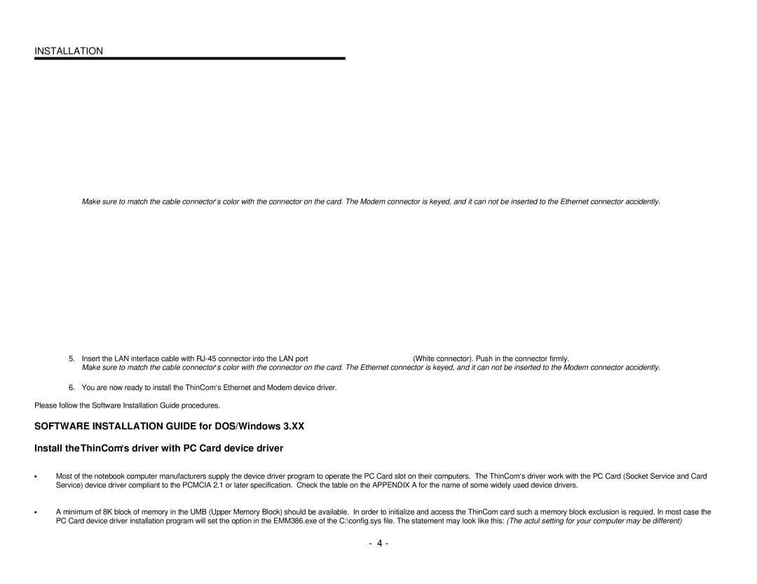 EXP Computer PCMCIA Ethernet Modem Adapter user manual Installation 