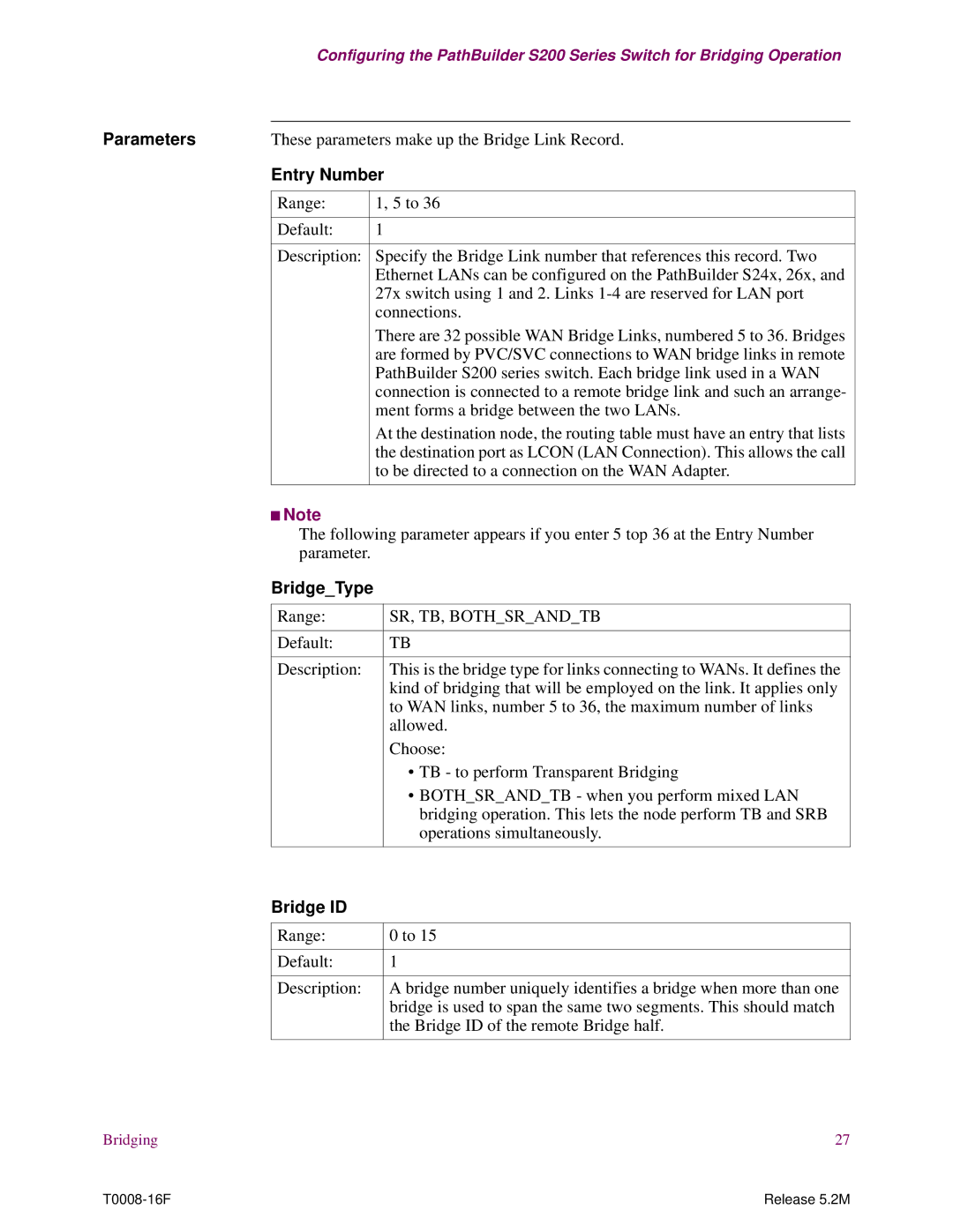 EXP Computer S200 manual These parameters make up the Bridge Link Record, Entry Number, BridgeType, SR, TB, Bothsrandtb 