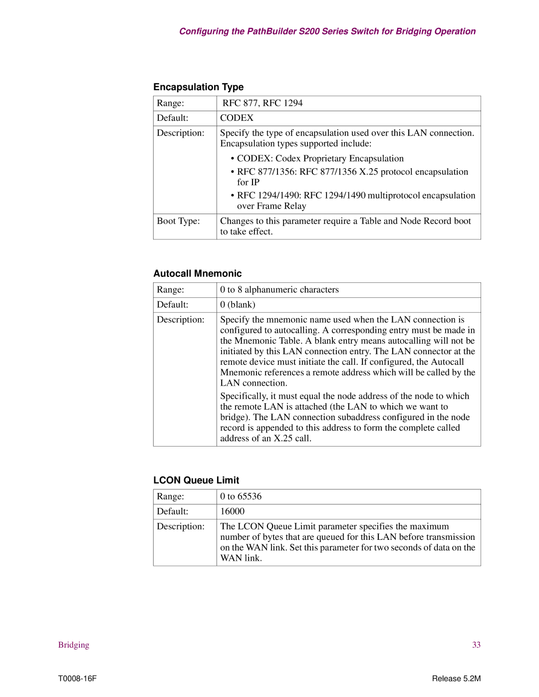 EXP Computer S200 manual Encapsulation Type, Codex, Autocall Mnemonic, Lcon Queue Limit 