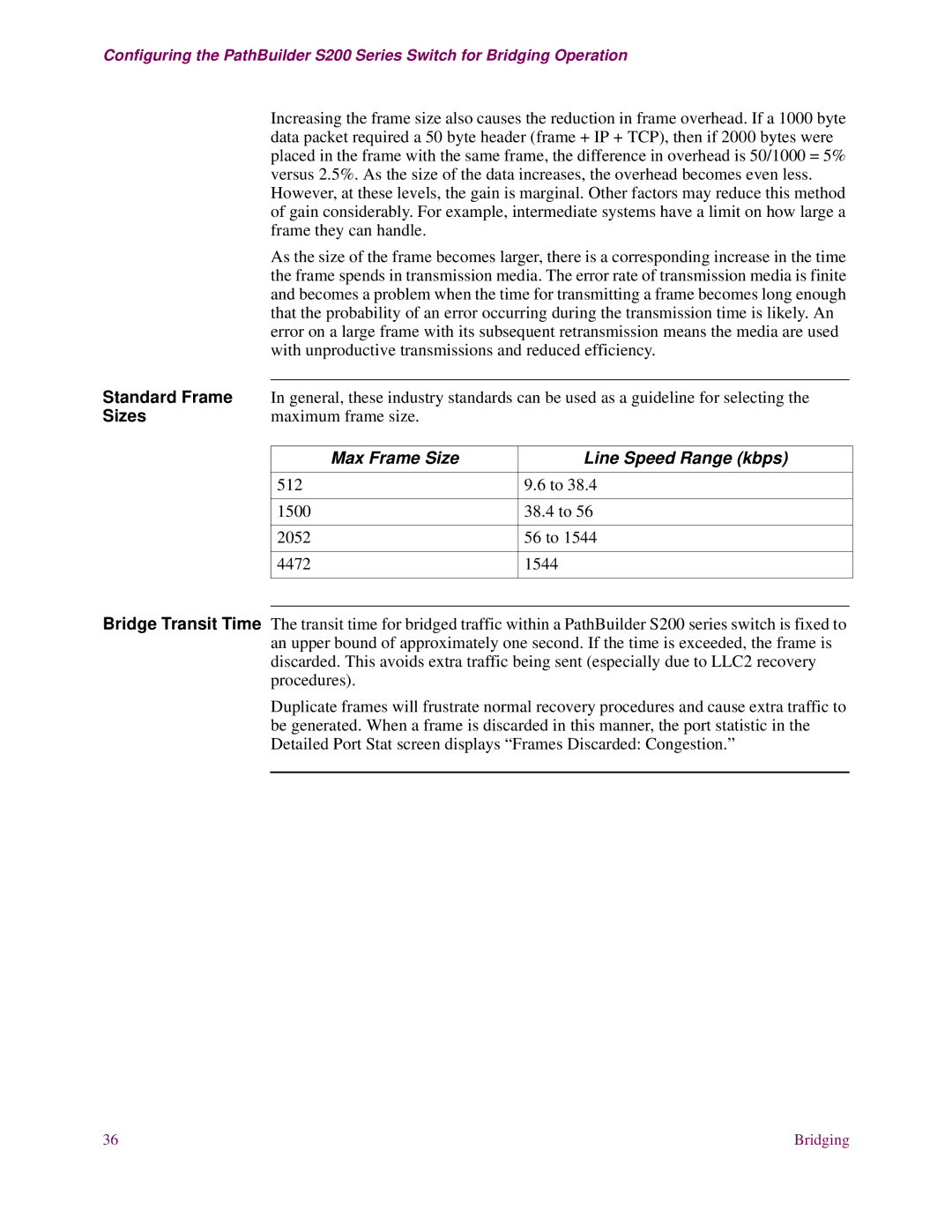 EXP Computer S200 manual Standard Frame, Sizes, Maximum frame size, Max Frame Size Line Speed Range kbps 