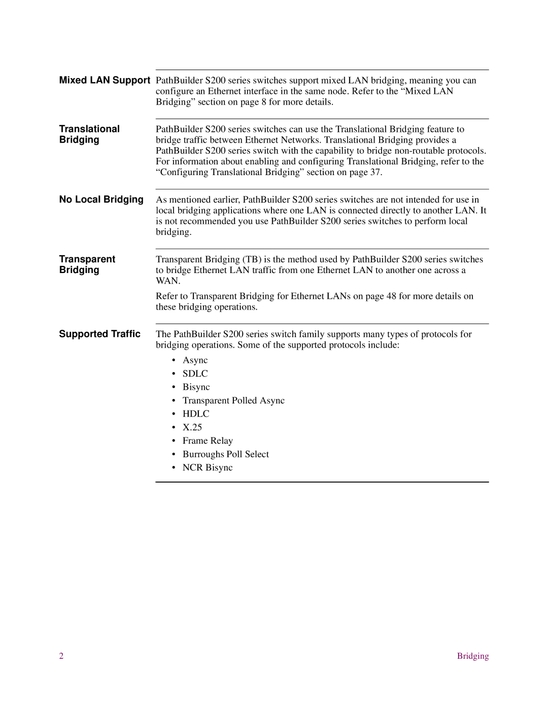 EXP Computer S200 manual Translational, No Local Bridging, Transparent, Supported Traffic 