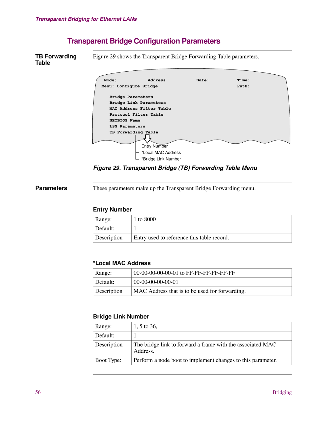 EXP Computer S200 manual Transparent Bridge Configuration Parameters, TB Forwarding, Local MAC Address, Bridge Link Number 