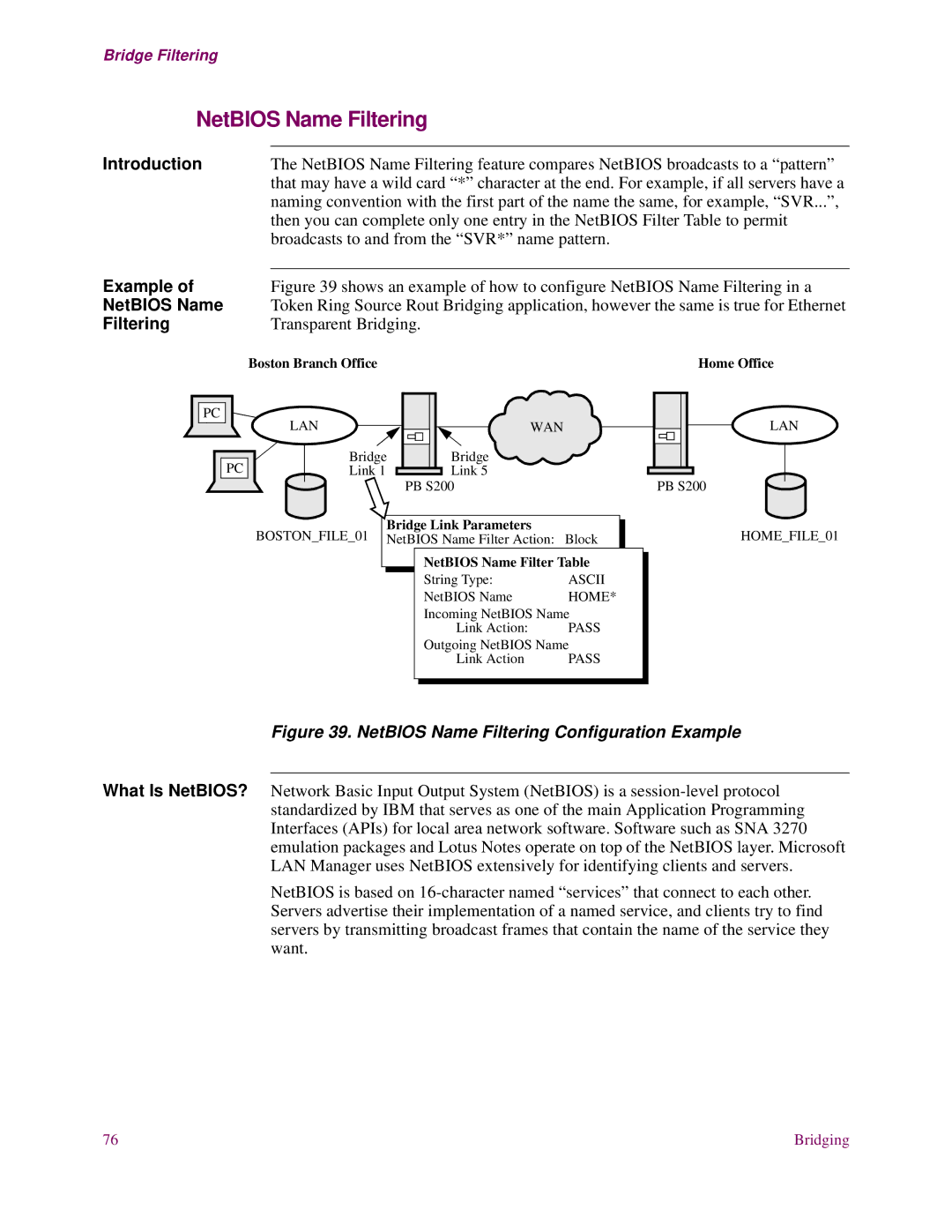 EXP Computer S200 manual NetBIOS Name Filtering, Broadcasts to and from the SVR* name pattern, Transparent Bridging 