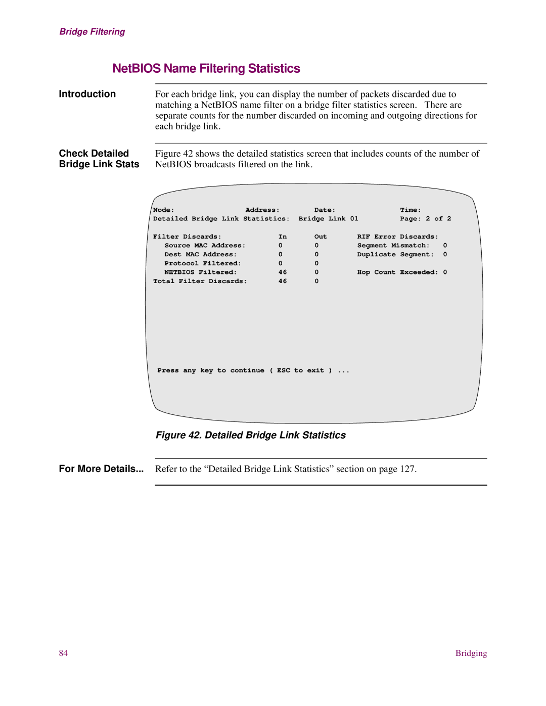 EXP Computer S200 manual NetBIOS Name Filtering Statistics, Each bridge link, Check Detailed, Bridge Link Stats 