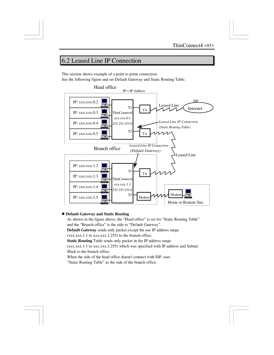 EXP Computer ThinConnect4 user manual Leased Line IP Connection, Default Gateway and Static Routing 